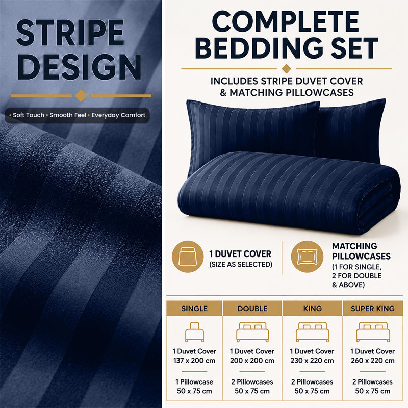 Microfiber Striped Duvet Cover Set with Pillowcases Included, Single Duvet Cover Set + 1 Standard Pillowcase, Navy