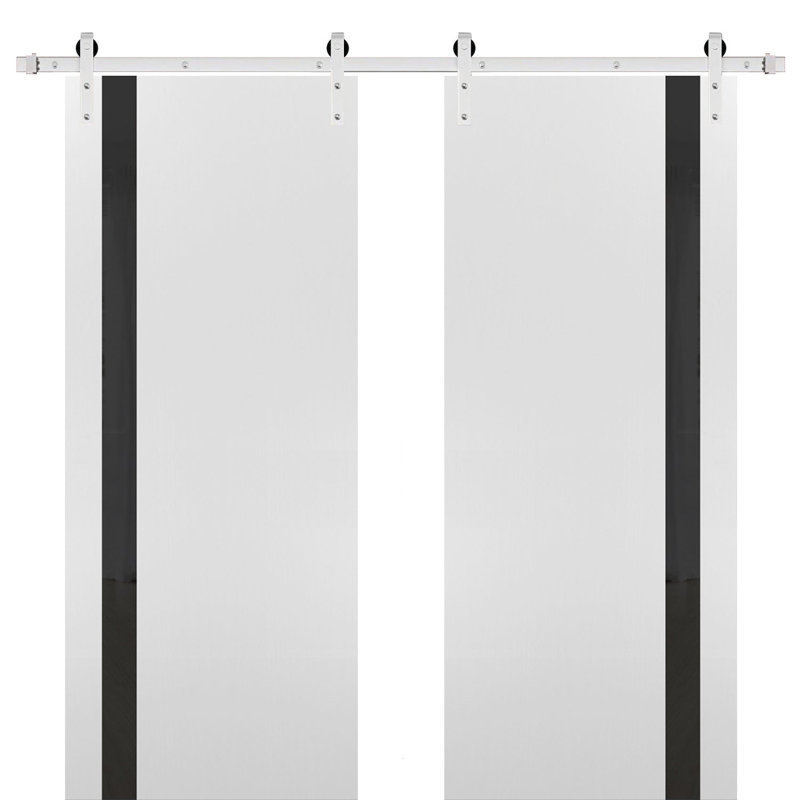Portes de grange intérieures robustes en bois givré avec ensemble de quincaillerie Planum, 60 po x 84 po, Soie blanche / noir