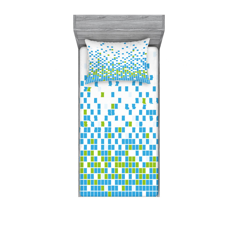 Microfiber Geometric Sheet Set, Twin XL Sheet Set with Fitted Sheet, Mosaic Grid Pixel Geometric