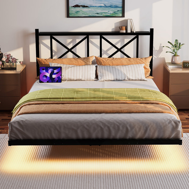 Base de lit flottante pleine grandeur avec tête de lit, rangement, charge USB et lumières DEL, lattes en acier robustes, assemblage facile, noir