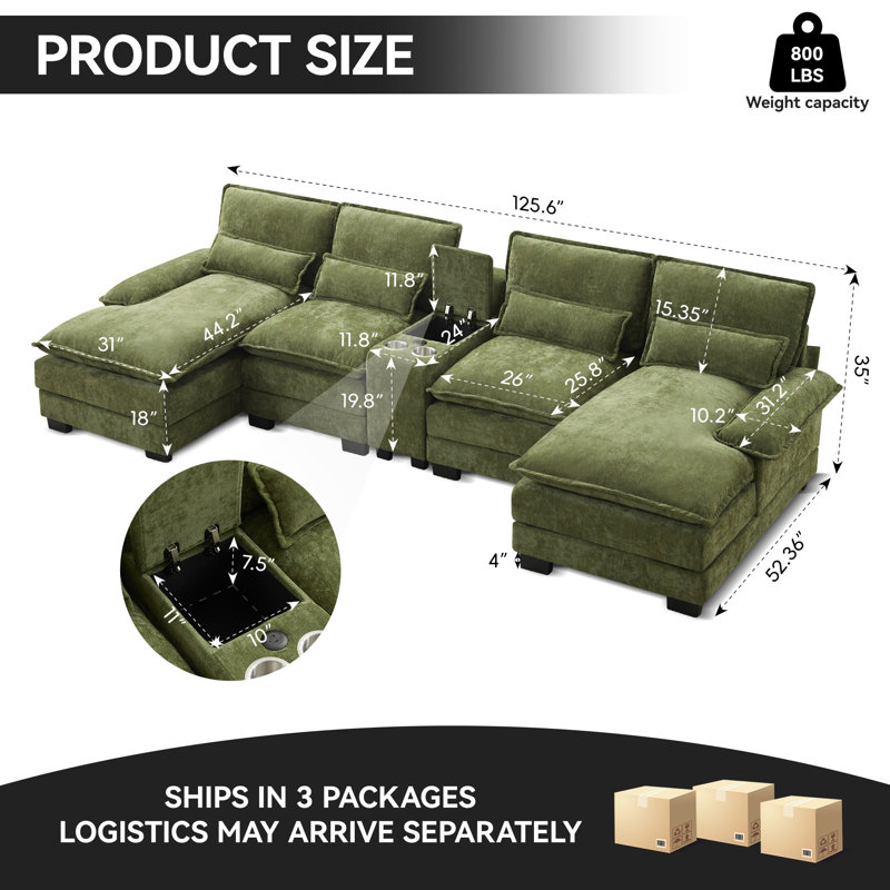 Canapé modulaire en forme de U de 126 po avec console et porte-gobelets et ports USB, Vert