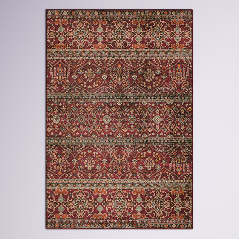 Ducote Washable Garnet and Ivory Machine Woven Area Rug, Rectangle 3' x 5'