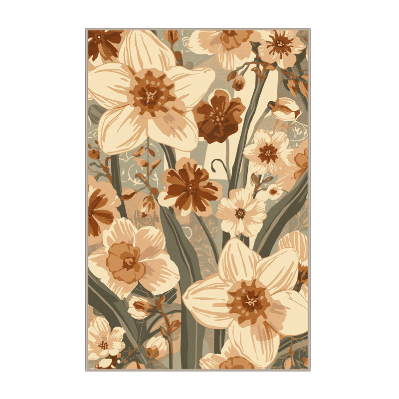 Tapis floral BCBG beige lavable à la machine - reliure beige, 2 x 3