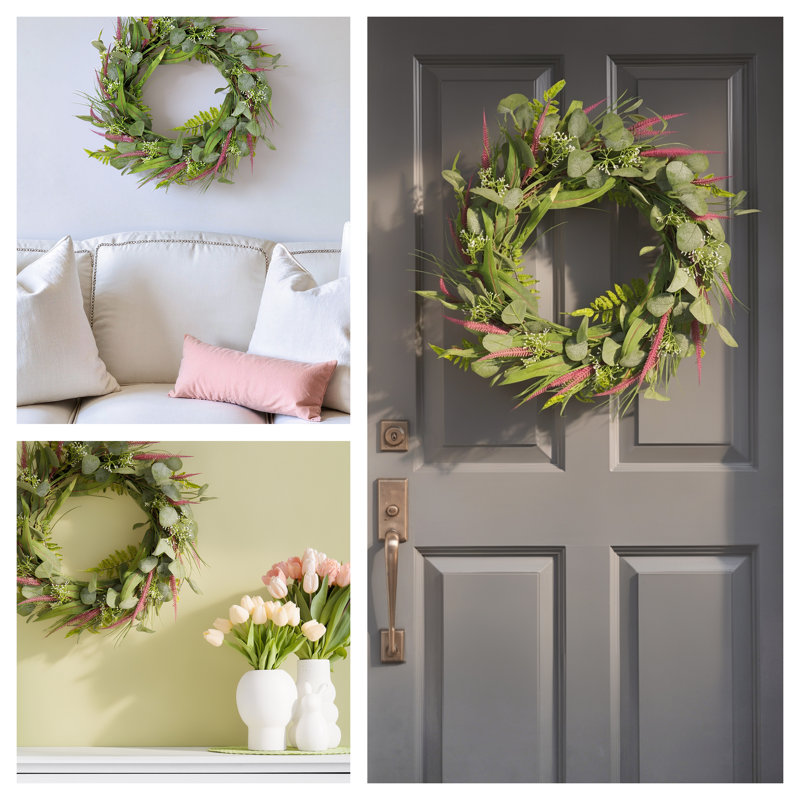 Couronne artificielle 22 pouces avec feuilles d'eucalyptus, lavande, tiges vertes fluides   