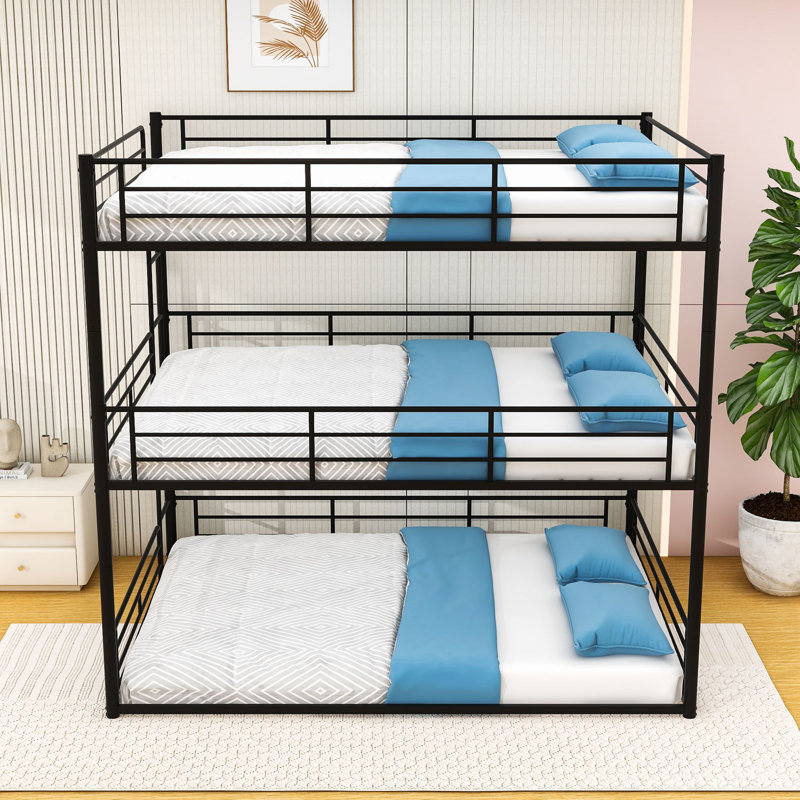Metal Triple Bunk Bed with Full-Length Guardrails, Quiet Slat Support System, Black, Queen Over Queen Over Queen