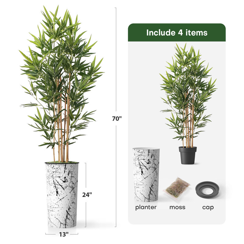 Artificial Tree in Black White Wood Tree Rings Pattern Planter Fake Bamboo Silk Tree, Paint Black