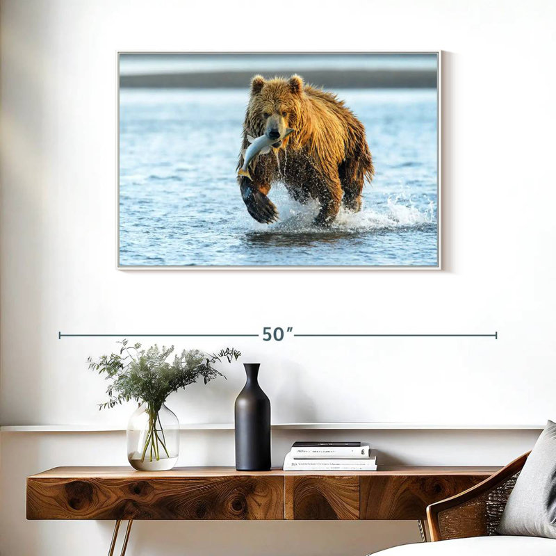 Grizzly avec saumon, Cadre flottant blanc, 37 po x 25 po