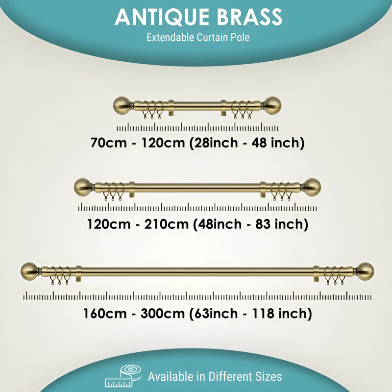 Adjustable 4.5cm Double Curtain Pole, Antique Brass, 120cm - 210cm