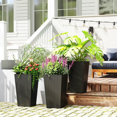 Hauts pots à fleurs pour plantes d'extérieur, ensemble de 3 pots à fleurs effilés de 24 po avec trous de drainage, pots à fleurs en rotin pour l'intérieur et l'extérieur du patio