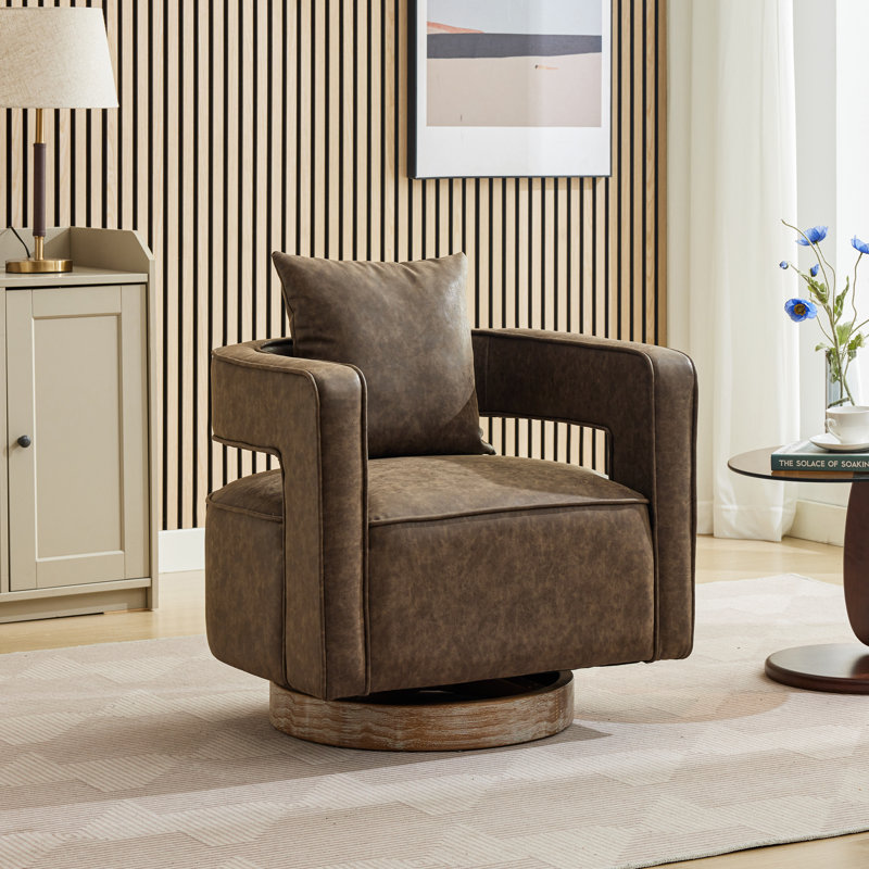 Fauteuil demi-tonneau pivotant à dossier creux de 29,1 po de largeur avec base en bois, Polyester café
