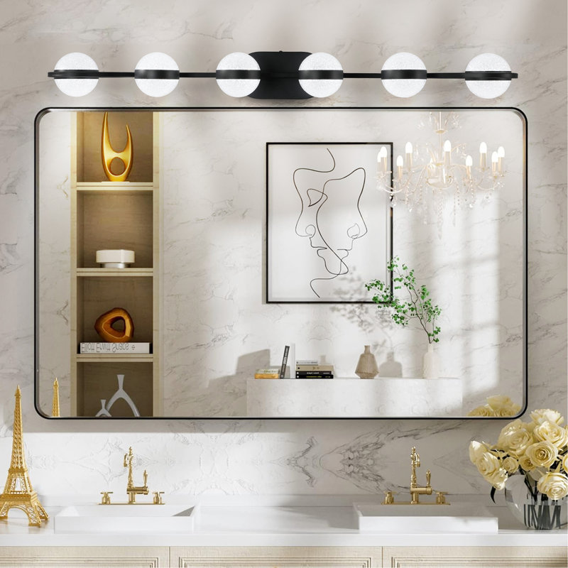 (Identique à W1340P143680/LL2001-B-6) Applique murale décorative minimaliste noire de 109 cm (43 po) avec abat-jour en acrylique effet sable cristallin, 6 lumières, idéale pour un miroir de salle de bain.