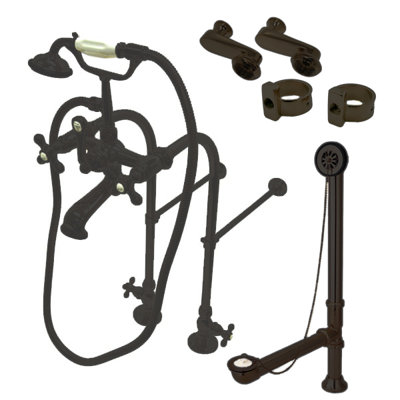 Kingston Brass Vintage Two-Handle 2-Hole Freestanding Clawfoot Tub Faucet Package with Supply Line, Hand Shower and Tub Drain