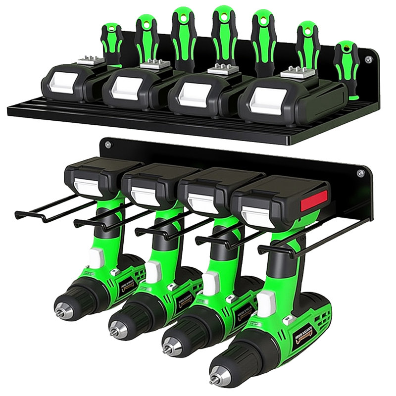Support robuste pour perceuse sans fil à 8 fentes, 2 boîtes de rangement en métal avec une charge maximale de 60 lb, peu encombrant pour une utilisation à domicile, conception, installation rapide