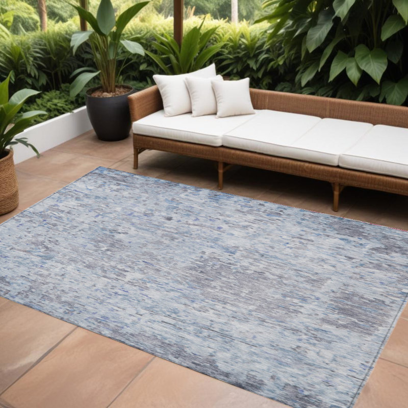 Tapis extérieur lavable abstrait gris anthracite et ivoire 9 pi x 12 pi bleu ciel