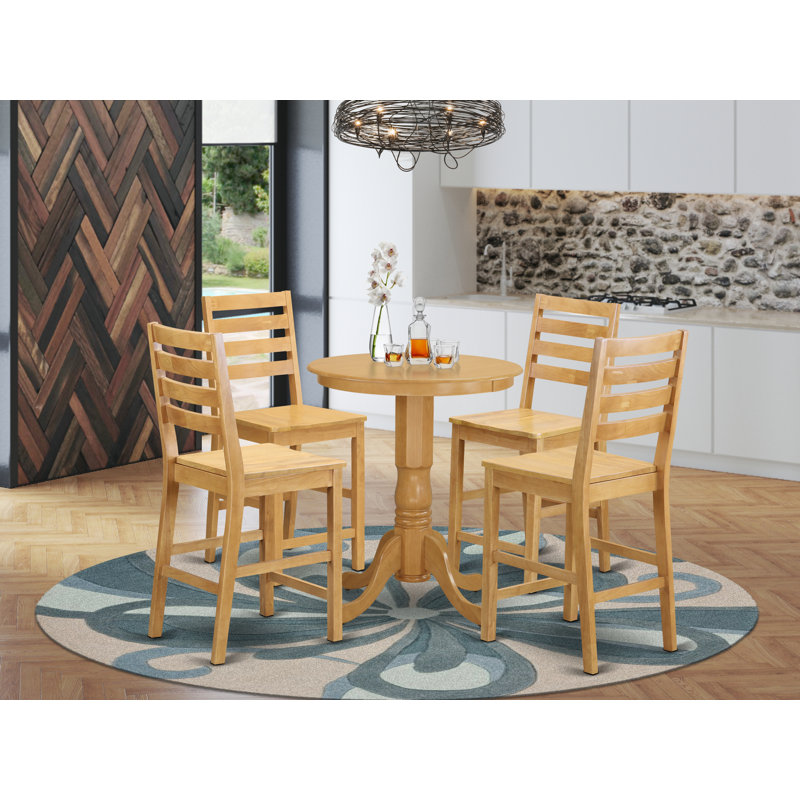 5 Piece Kitchen Counter Set Includes a Round Dining Table with Pedestal and 4 Dining Room Chairs, Oak, Wooden
