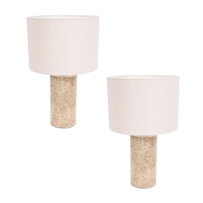 Cristalyn Pair of Marble Effect Natural Table Lamps with Drum Shades and LED Bulbs