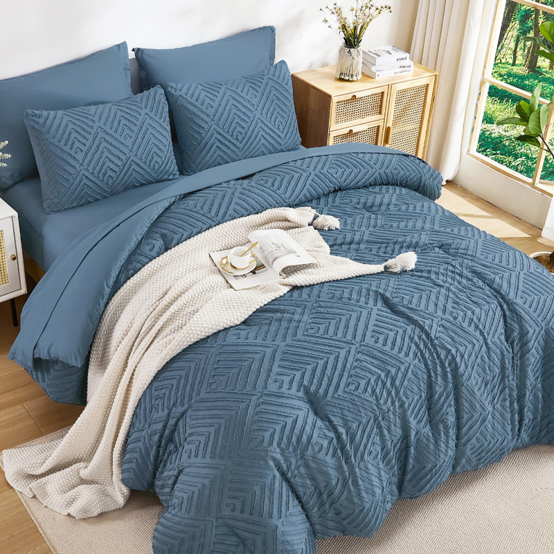 Andency Oversized King Size Comforter Set 7 Pieces Ocean Blue - Bed in a Bag Oversized King Boho Lightweight Fluffy Tufted Bedding Sets with Comforter, Sheets, Pillowcases & Shams