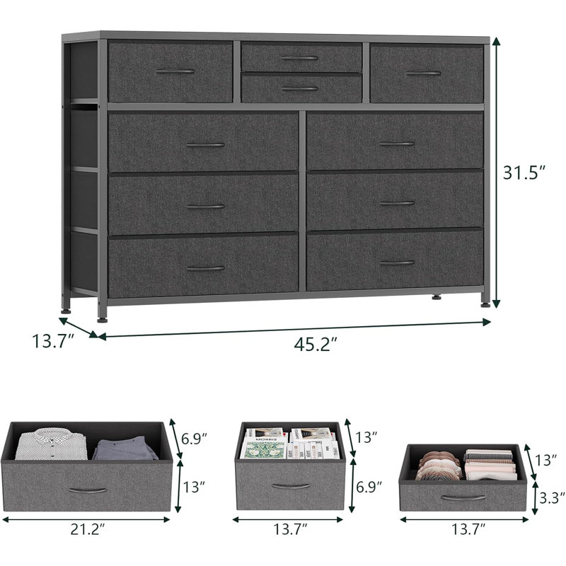 Meuble télé avec commode pour chambre à coucher 55 po, commode avec 10 tiroirs, 13.7", Noir, noir, noir, noir