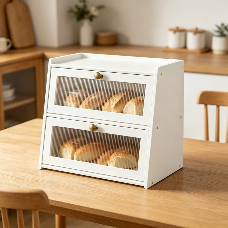 Double boîte à pain en bambou double pour comptoir de cuisine, bac de rangement en bois avec fenêtre ondulée en acrylique et pince