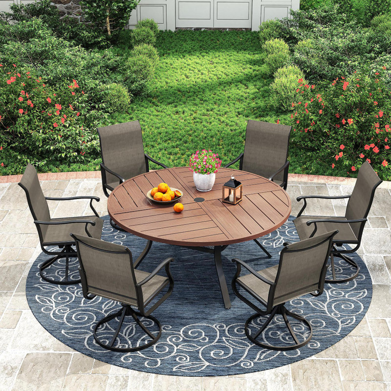 Outdoor Patio Dining Set - 53” Round Table with Umbrella Hole + 6 Swivel Chairs, Brush Wood Brown/Brown