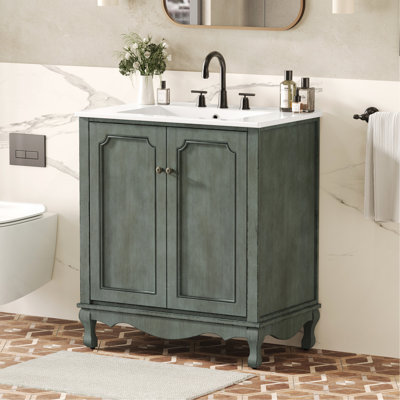 Meuble-lavabo vintage 30 po avec lavabo rectangulaire en céramique, meuble-lavabo antique avec sarcelle antique