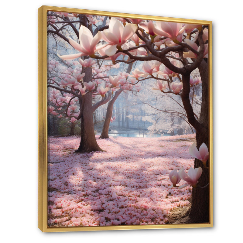 «Pink Brown Magnolias Nature Serenity I», reproduction sur toile, 32" H x 16" W, Cadre flottant doré