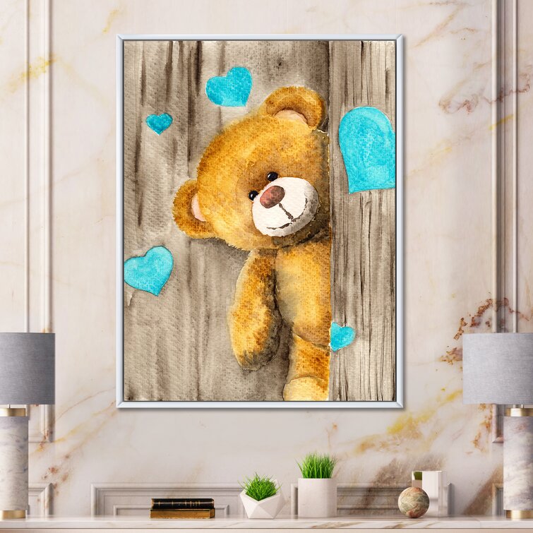 Cute Brown Teddy Bear With Blue Hearts Framed On Canvas Print