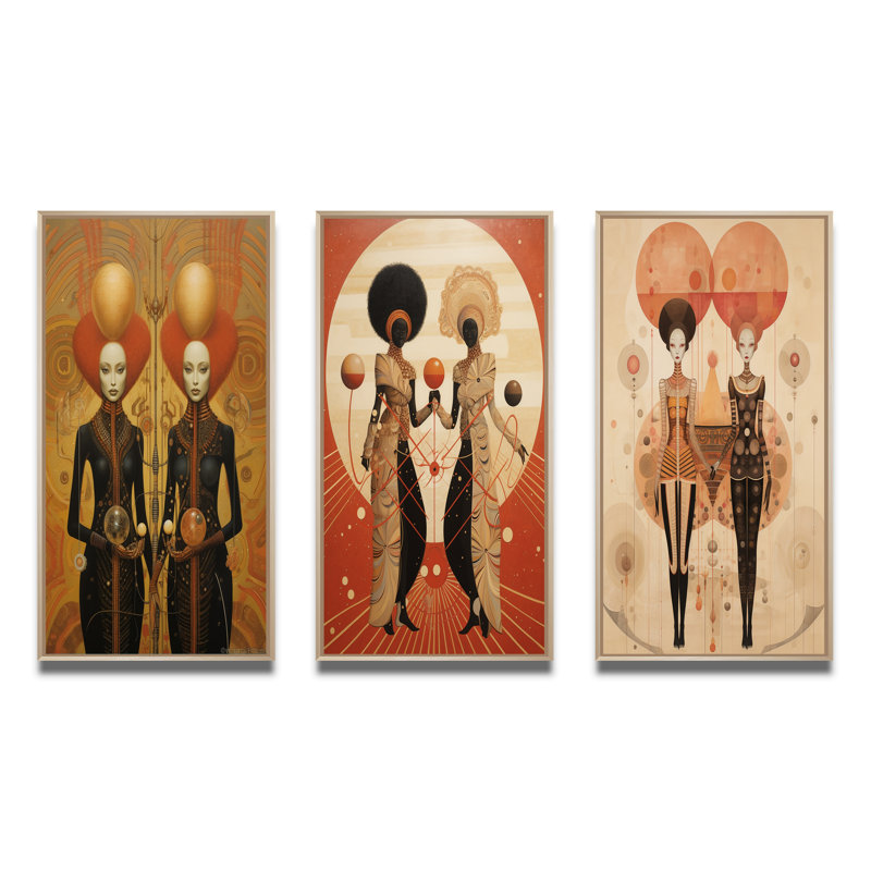 Alien Goddess Vintage Dreamscape Illustration VII - Abstract Portraits Art Set Of 3 Pieces, Encadré naturel