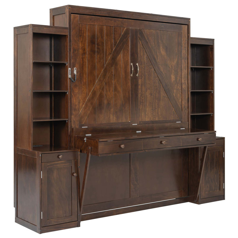 Lit escamotable polyvalent peu encombrant avec bureau intégré et rangement, Marron foncé