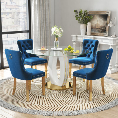 High Gloss Round Dining Table Set with 4 Velvet Dining Chairs