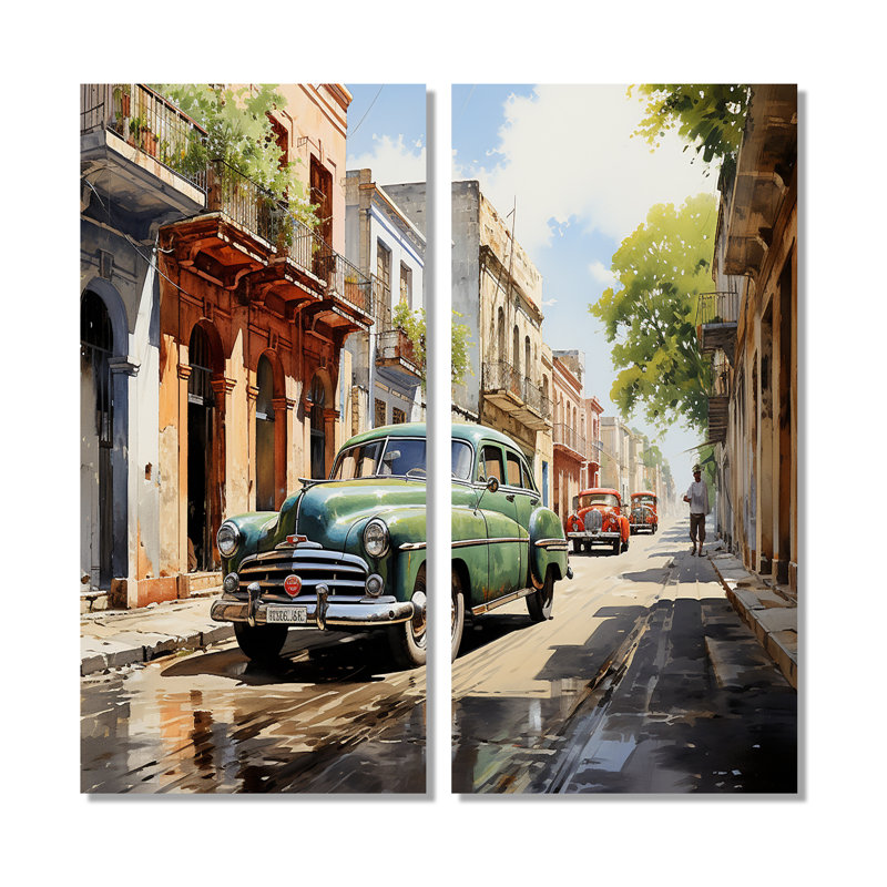 «Cuba Havana Vieja Timeless», ensemble d'art mural côtier jaune de 2, H 32 po x l 32 po, Toile tendue, Ne s’applique pas