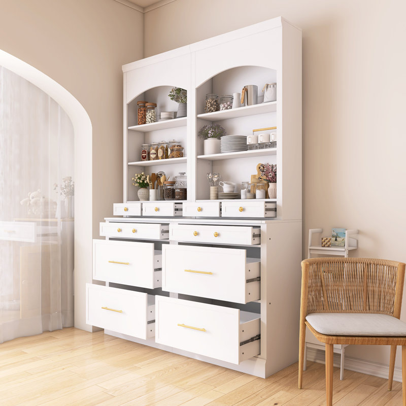 Ensemble de 2 grandes bahuts de cuisine autoportants avec plateau en faux marbre, Blanc, Doré