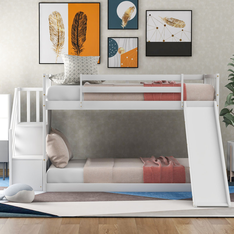 Lit simple superposé simple en blanc avec fonction convertible - compact en bois compact et compact avec escalier coulissant amusant pour un assemblage facile