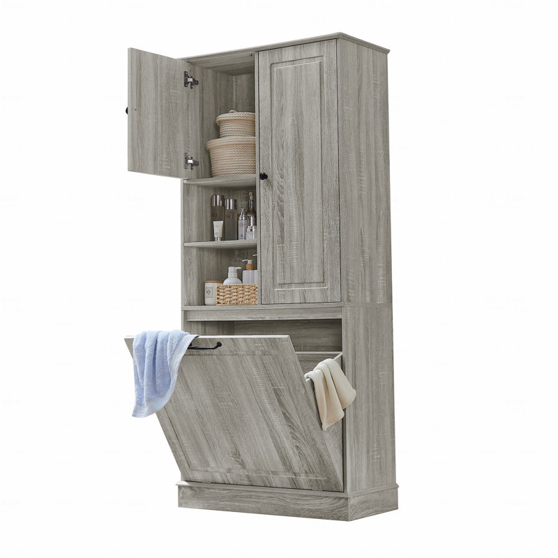 Tall Storage Cabinet With Adjustable Shelves, Large Flip-Out Basket And Enclosed Cabinets – Perfect For Bathroom, Living Room, Or Office, Mdf Material With Aluminum Alloy Handles