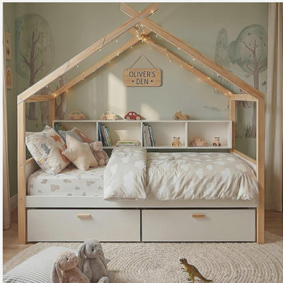 Cadre de lit blanc en bois blanc pour lit simple avec deux tiroirs et bibliothèque pour enfants ou chambre d'amis