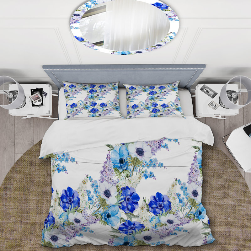 Ensemble de housse de couette en microfibre bleu / blanc / vert 3 pièces, Housse de couette pour grand lit et 2 taies décor