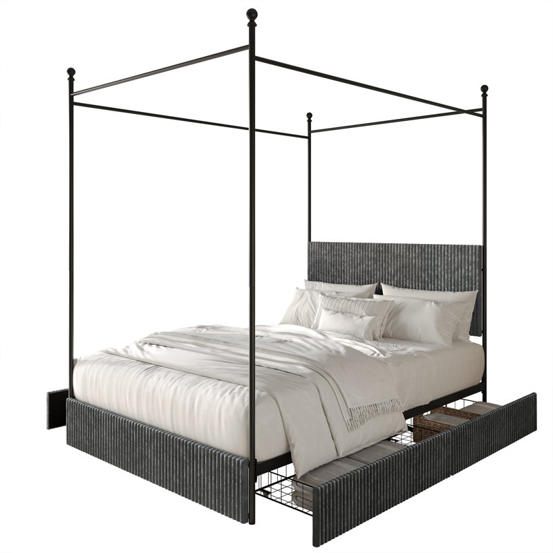 Lit plateforme en métal avec tiroirs de rangement en velours côtelé, Gris, Très grand