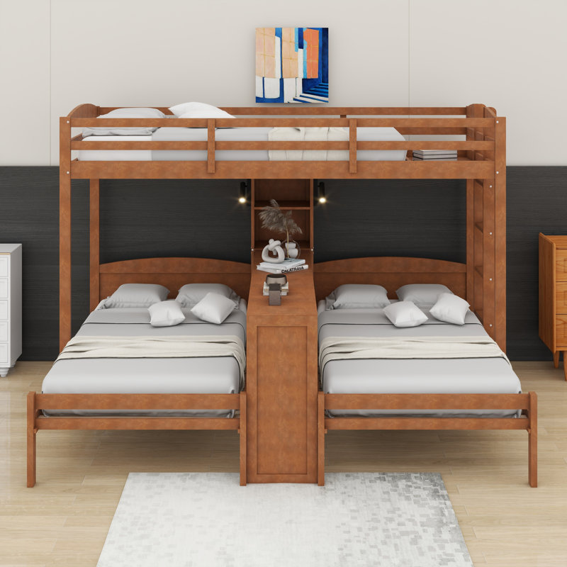 Lit superposé en bois avec bureau et tablettes de rangement, lit superposé triple 3 en 1 avec lampe de lecture à DEL, Naturel