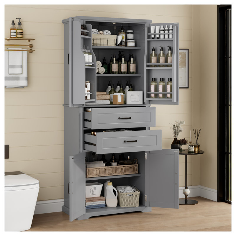 Armoire de rangement autoportante classique en panneau de fibres à densité moyenne gris avec tablettes et tiroirs réglables