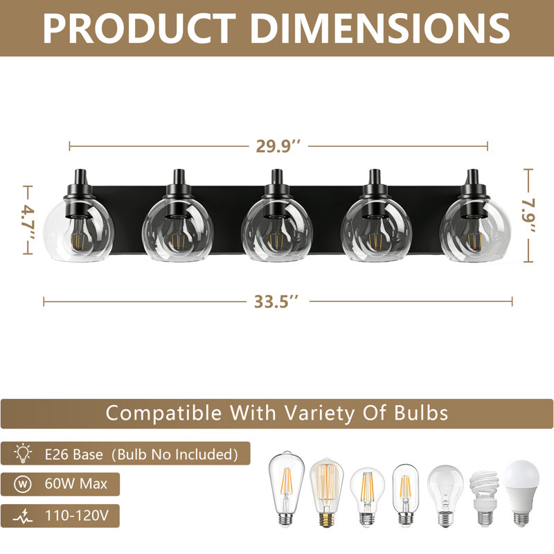 5-Light Matte Black Vanity Light, Modern Globe Glass Bathroom Wall Sconce For Mirror, 5 Lights, 7.9" H x 33.5" W x 6.97" D