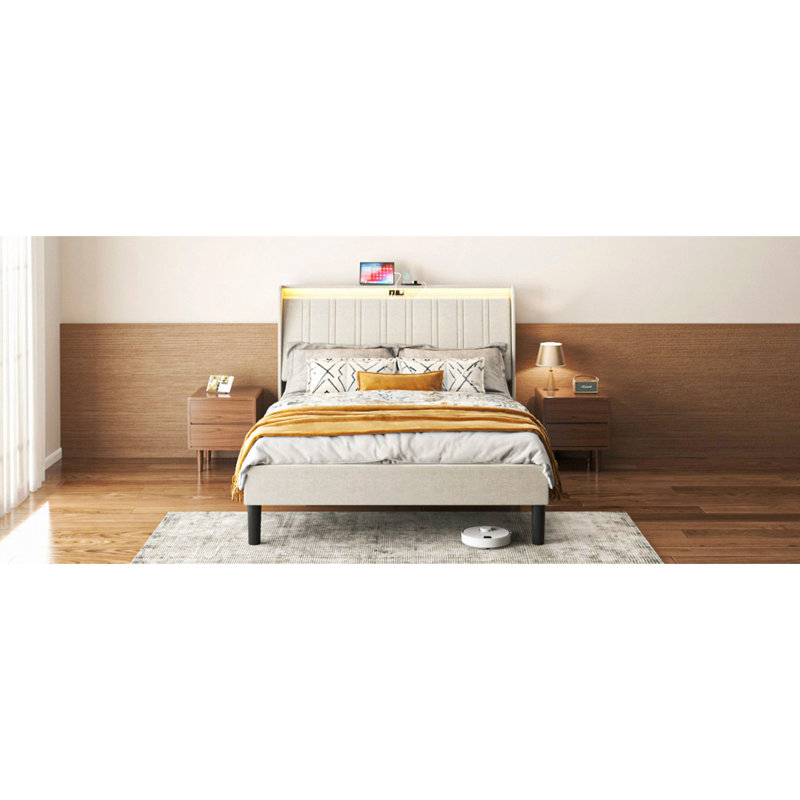 Structure de lit plateforme avec tête de lit tapissier en tissu et support en lattes de bois, Lit simple