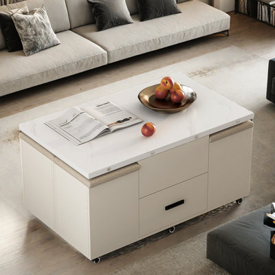 Modern Lift-up Folding Coffee Table With 4 Stools, 2 Drawers And Hidden Storage Space by Ivy Bronx