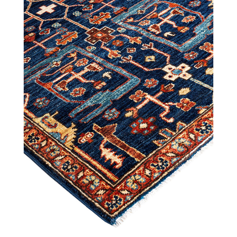 Tapis de couloir noué à la main de conception unique Serapi - bleu, 2 pi 7 po x 9 pi 9 po