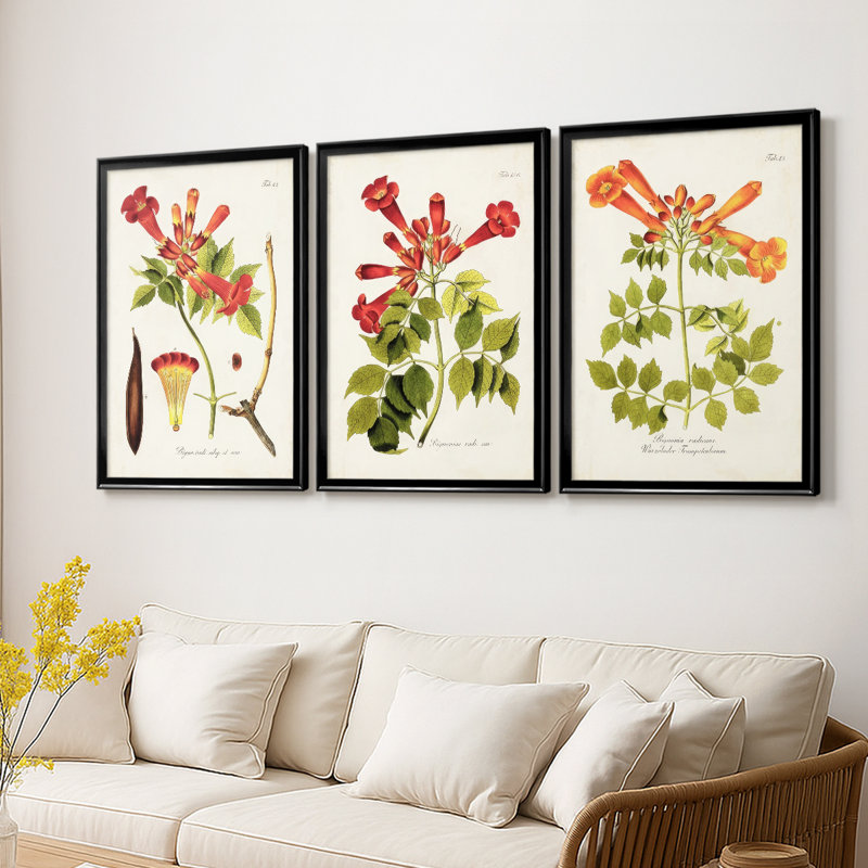 Tropical Trumpet Flowers I - Toile tendue avec châssis sur mesure - 3 pièces, H 27 po x l 39 po, Noir
