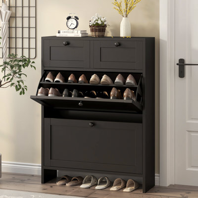 Armoire de rangement pour chaussures 16 paires avec 2 tiroirs rabattables, armoire à chaussures avec 2 tiroirs de rangement pour vestibule étroit