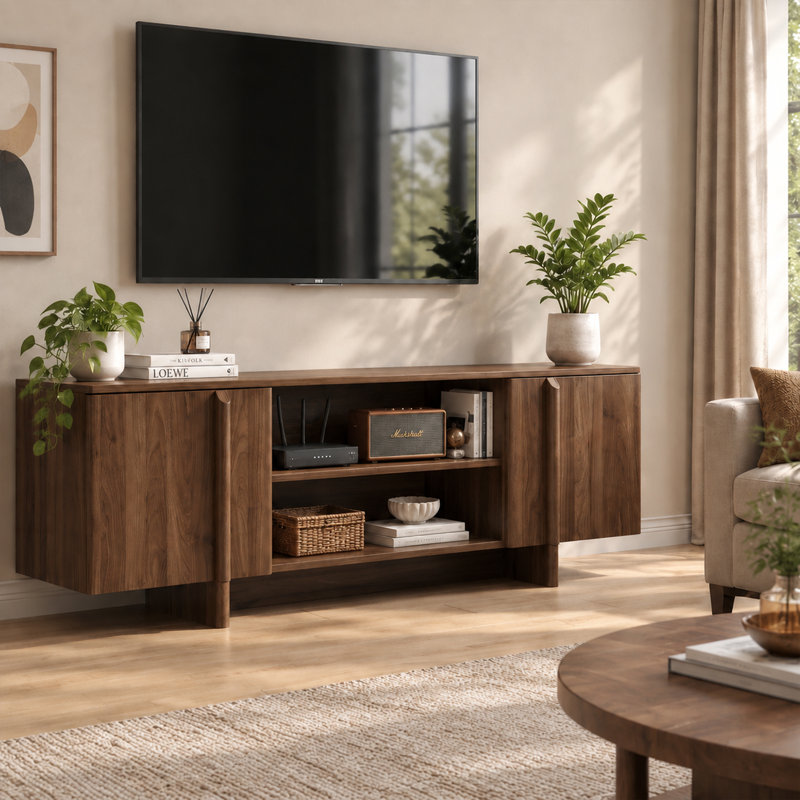 Meuble télé de style ferme du milieu du siècle, 55 pouces, armoire de rangement en noyer, gestion des câbles