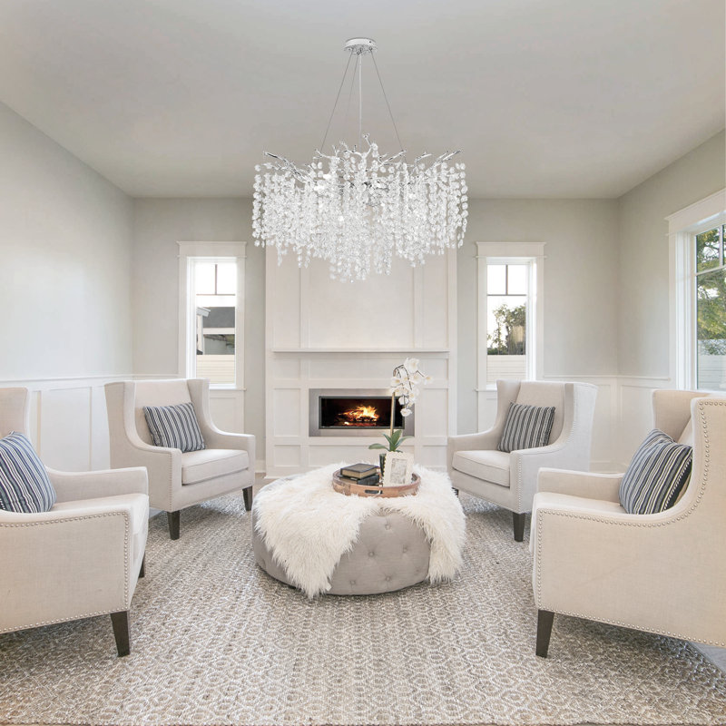 Tree Branch Snow Crystal Chandelier Lighting 32"D, Silver/White