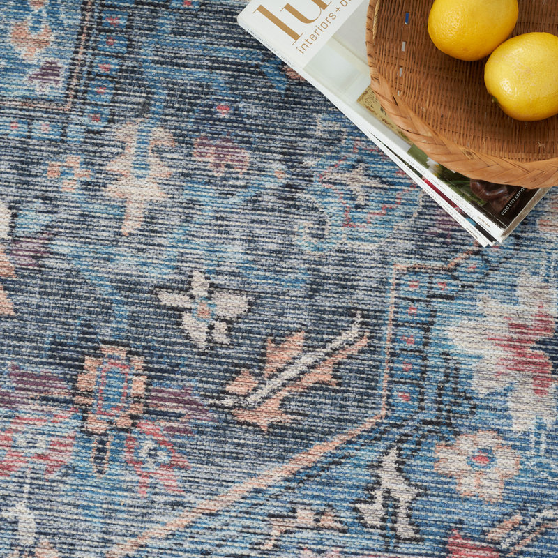 Tapis en polyester lavable à la machine Medallion en bleu clair / orange / gris, Rectangle 9 pi 2 po x 12 pi
