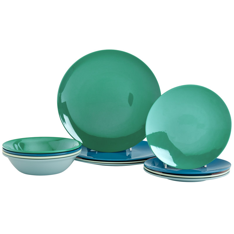 Peacock Blue and Light Green Melamine Dinnerware Set, Service for 4