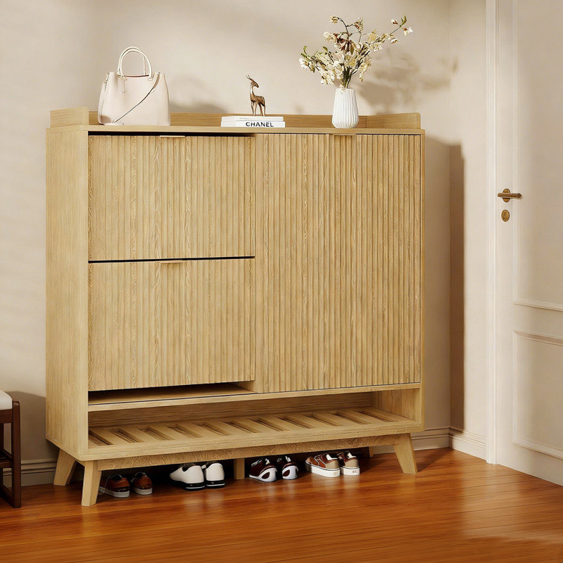 30 Pair Shoe Storage Cabinet, Natural Wood